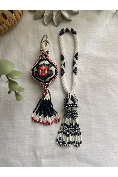 Handmade KUM BONCUK EL İŞİ SİYAH BEYAZ SALLAMA TESBİH VE ANAHTARLIK