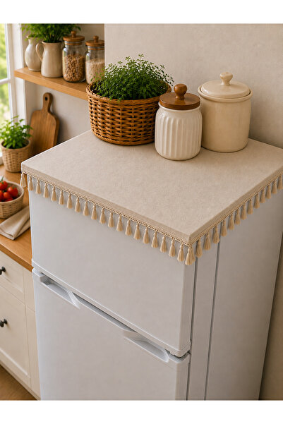 Deko Dekor Vintage Püsküllü 60x60 Beyaz Eşya Örtüsü Çeyizlik Buldan Bezi Çamaşır Bulaşık Fırın Buzdolabı Çeyizlik Dekoratif Banyo Makine Kılıfı