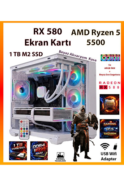 COMLOJI GA ESP Pro Beyaz Sistem RX580 + Ryzen 5 5500 16GB RAM + 1TB SSD + Sıv...