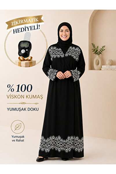 Bilenler Ring Patterned Black Prayer Dress, Viscose Fabric, Zikirmatik Gift –...