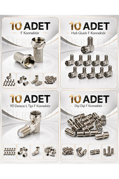 Derwell 10 Adet F Konnektör Seti - Hızlı Quick, 90 Derece L Tipi, Dişi Dişi F...