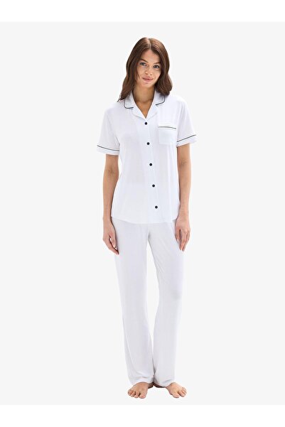 Blackspade Women's Short Sleeve Front Buttoned White Micro Modal Pajama Set C...