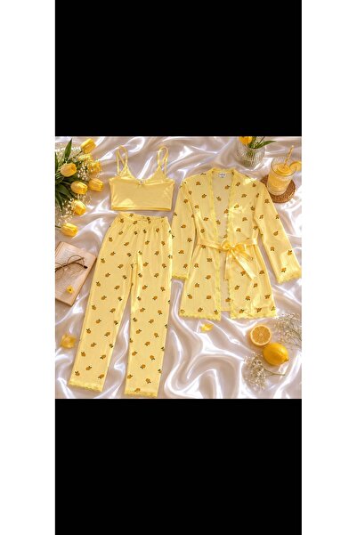 Butik kadın sabahlıklı 3 parça pijama takımı
