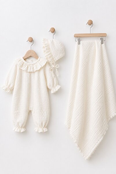 Minytrendy Baby Girl Muslin 3 Piece Newborn Romper Blanket Set Organic Set Ho...