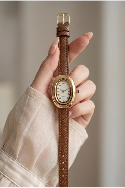 KLISHE Butik Classic Women's Watch Gold Color Brown Leather Band Vintage Watc...