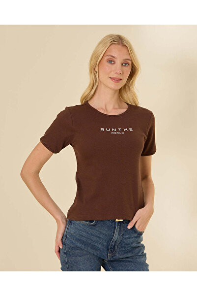 REDTAG Women Brown Graphic Ribbed T-Shirt