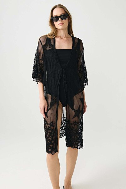 C&City Star Embroidered Front Tie Long Beach Dress Black