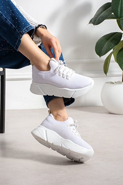 KOTAN White-White Women's Lace Detailed Mesh Sneakers and Casual Women's Spor...