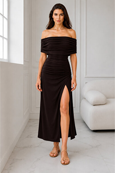 MERİDE Kayık Neckline, Gathered Waist, Slit Detail Midi Dress