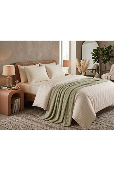 Nilyso Home Double Cotton Satin Striped Duvet Cover Set 200X220 cm – Beige St...
