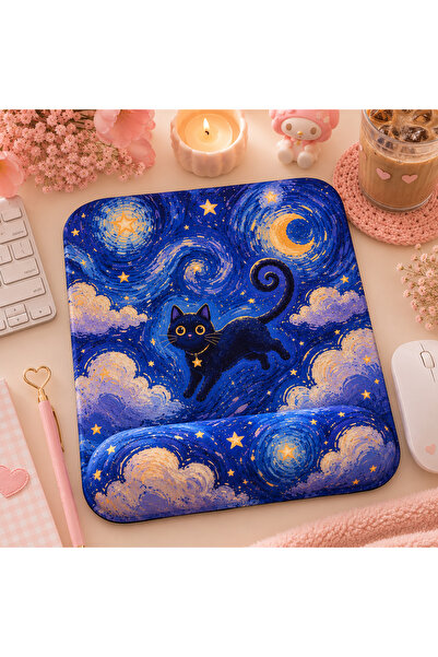 matizya Yıldızlı Gece Kedi Desenli Bilek Destekli Mousepad 19x23 cm Ergonomik...