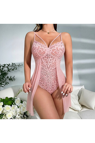NOOR STUDIO Sexy Pink Peacock Lace Split Mesh Slip Chemise Adjustable Strap I...