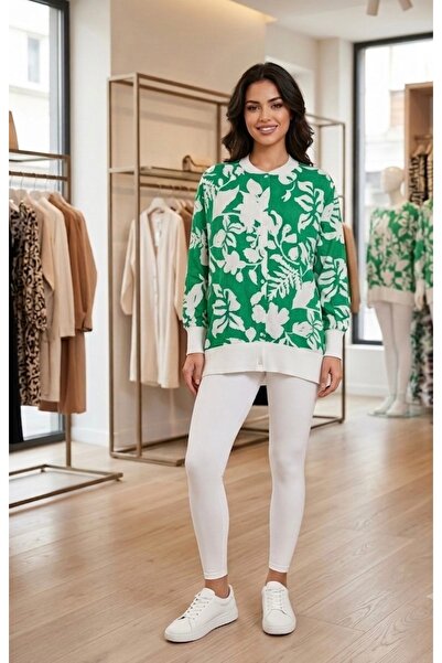 Polologin Butik Kadın Yeşil Beyaz Botanik Desenli Düğmeli Tunik Gömlek - Uzun...