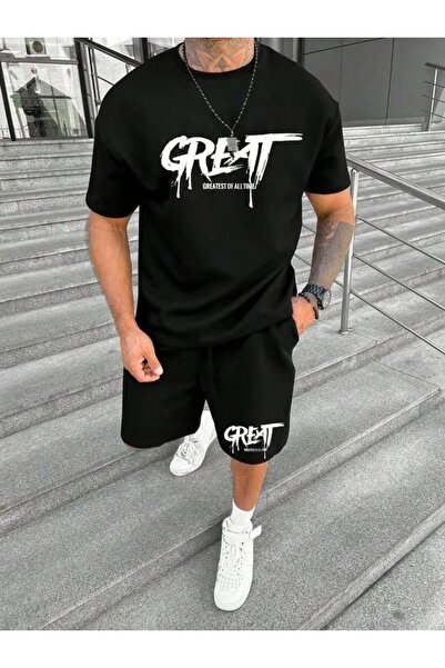 JANTIL MODA طقم تي شيرت وشورت أساسي كبير الحجم للرجال 👕 🩳