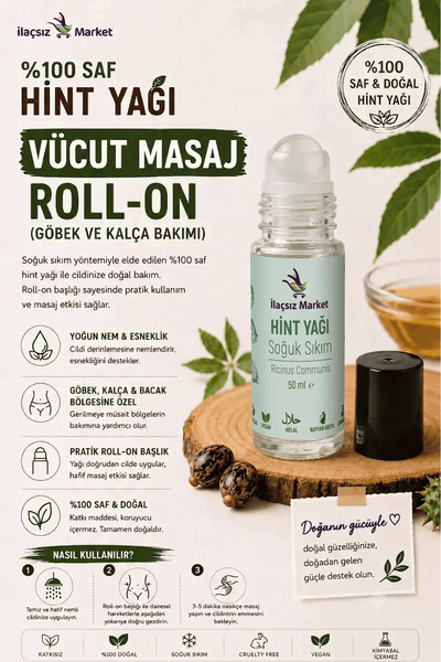 İlaçsız Market Hint Yağı Vücut Masaj Roll-On (Göbek ve Kalça Bakımı) - 50 CC