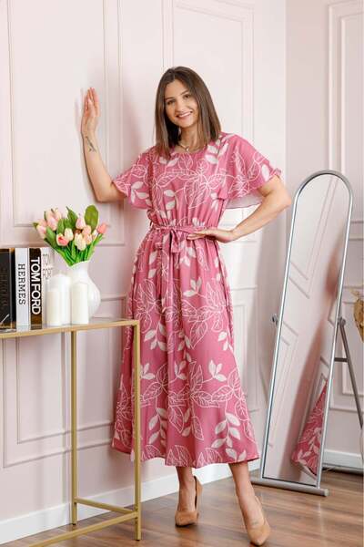 OEM Rochie dama roz Artemis cu imprimeu floral si cordon in talie