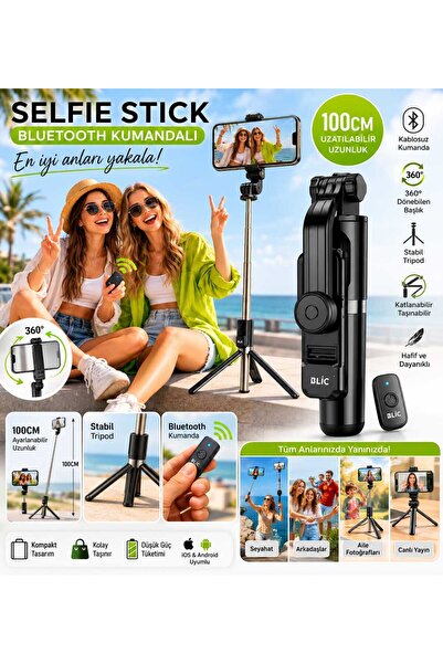 Bluetooth Kumandalı LED Işıklı Selfie Stick Tripod 100 CM Uzatılabilir Telefon Tutucu