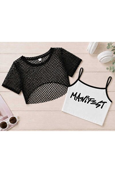 BEBEĞİME ÇORAP Crop Printed Body T-Shirt with Mesh Detail on Top