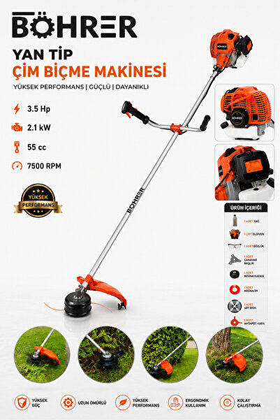 BÖHRER BA011341 55CC 3.5 HP Benzinli Yan Tip Motorlu Tırpan Çim Biçme Makines...