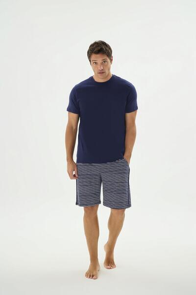 Sevim Men's Short Sleeve Striped Shorts Navy Blue Pajama Set C2T6N69