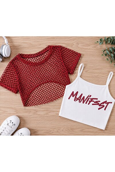 BEBEĞİME ÇORAP Crop Printed Body T-Shirt with Mesh Detail on Top