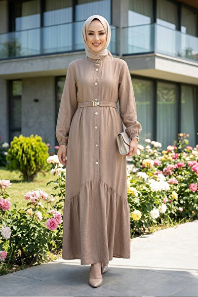 Hb Harma Time Butik Kadın Düğmeli Kemerli Çilek Kumaş Bej Elbise