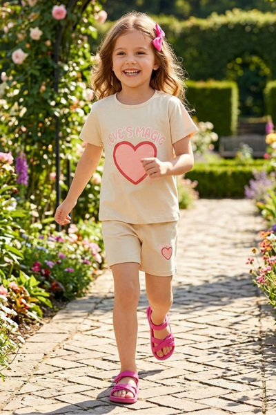 TOFİSA Girl's Beige Kalo Printed Shorts Set - 28559-Bej