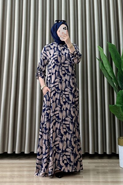 mercan moda FÜSUN ELBİSE Viskon Kumaş Kadın Lacivert Boydan Açılabilir Düğmel...