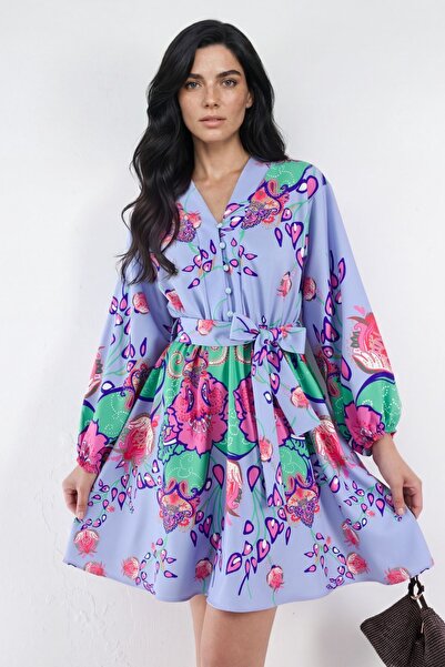 Hiccup Msn Floral Pattern V-Neck A-Line Belted Mini Dress