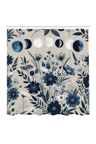 OEM Fabric Shower Curtain Moon Phases & Flowers with Hooks – Midnight Blue 69...