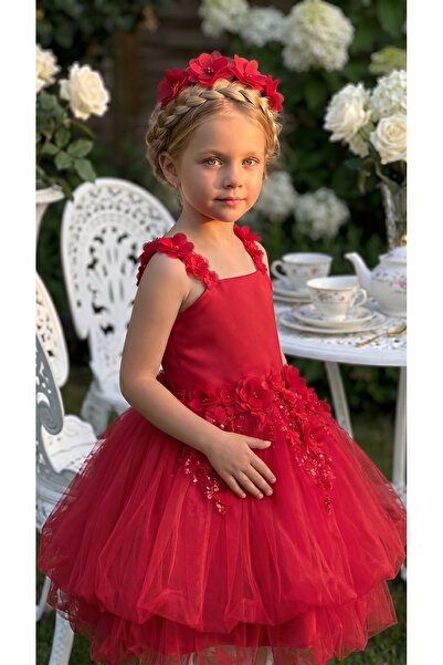 modabesta Red Lace Floral Balloon Girl Evening Dress