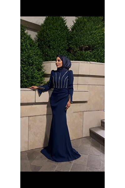 Bess Store Women's Hijab Tailed Stoned Fish Tail Evening Dress