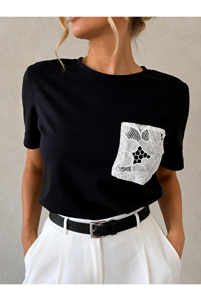 Rabona Fashion Μαύρο T-Shirt με δαντέλα λουλουδιών και λεπτομέρεια τσέπης