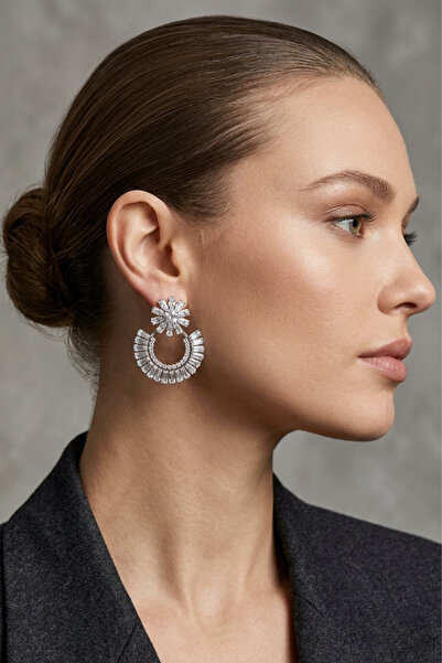 PETEK AKSESUAR Evening Dress Zircon Baguette Stone Flower Earrings 4 Cm.