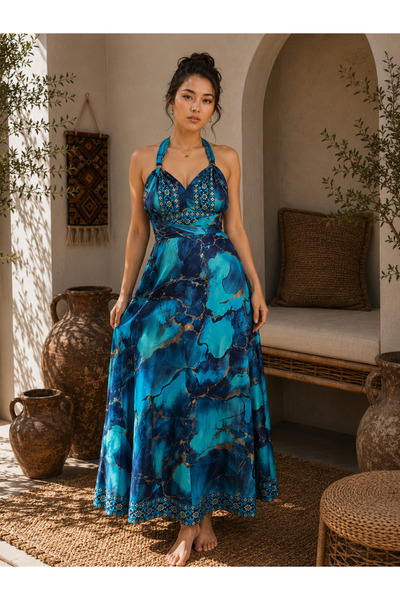 laviyonsa Imported Fabric Midi Dress with Tie and Foil Details, Sizes 34-38.