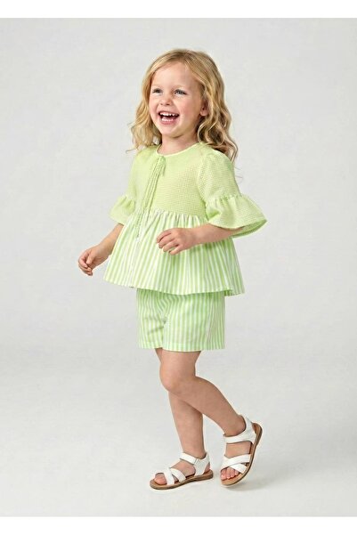 Flywheel Green Woven Summer Little Girl Blouse-Shorts Set