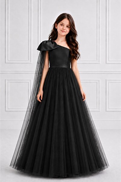 MadyaButik Girl's Black One-Shoulder Bow Detailed Puffy Tulle Princess Dress