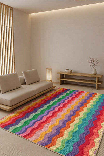 DOREM Renkli Zigzag Desenli Kaymaz Taban Halı Modern Dekoratif Salon ve Genç ...