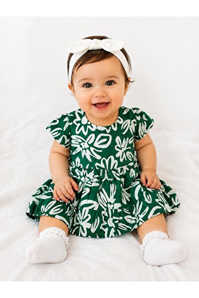 Oz Baby Baby Girl Floral Patterned Cotton Summer Dress Short Sleeve 6-18 Months