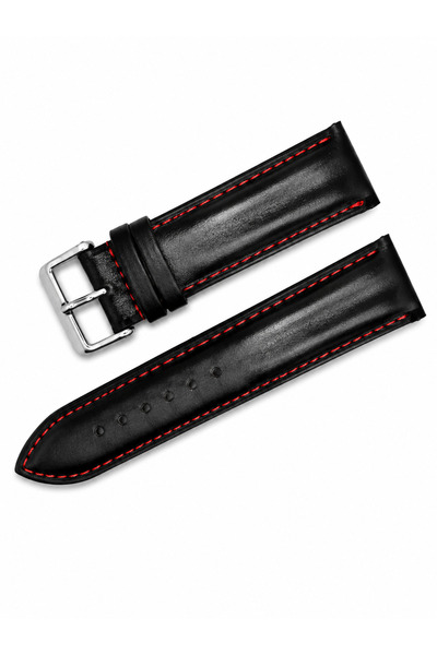 Leather Class Siyah Deri Saat Kayışı | Kırmızı Kontrast Dikişli | 12-26 mm | ...