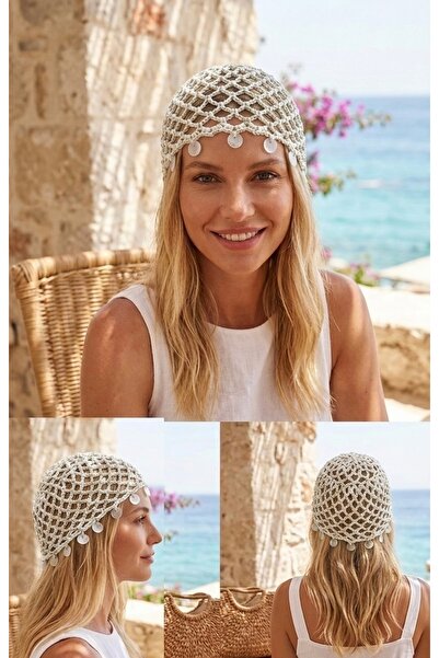 YASERS Women's Cream Glittery Mesh Knitted Sequin Hair Bandana Beach Bohemian...