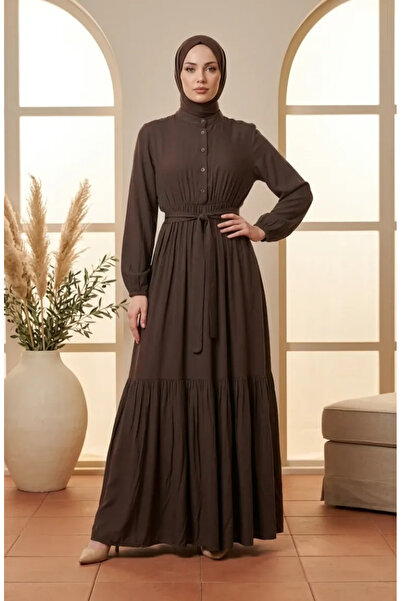 sefamerve Hakim Collar Elastic Waist Hijab Dress 0326-03 Brown