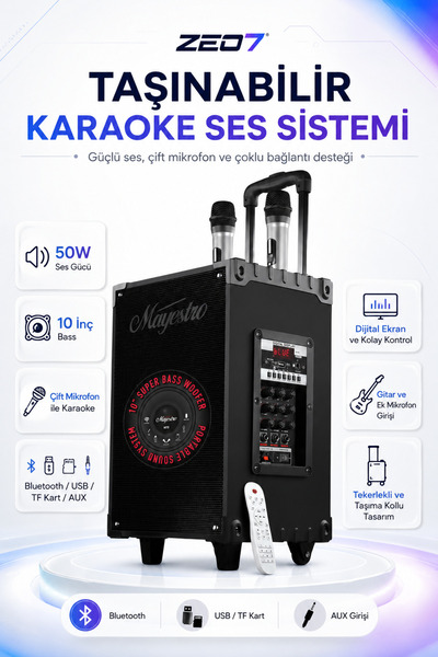 Zeo7 50W 10 İnç Bass Çift Mikrofonlu Şarjlı Karaoke Bluetooth Hoparlör ve Taş...