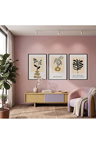 KOLAJTASARIM Set de artă botanică minimalistă, set de 3 tablouri cu ramă neag...