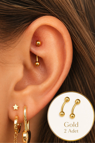 moonzy - minimalist & cozy Rook Piercing 316L Çelik İki Ucu Toplu Kavisli Bar...