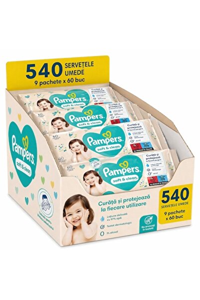 Pampers Șervețele umede Soft Clean, set 9 pachete x 60 bucăți, fără alcool, 5...