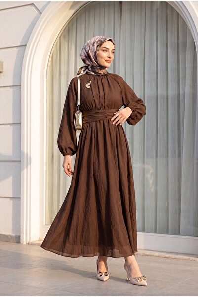 Modamorfo Beli Belted, Elasticated Sleeve, Brooched, Lined Linen Look Dress -...