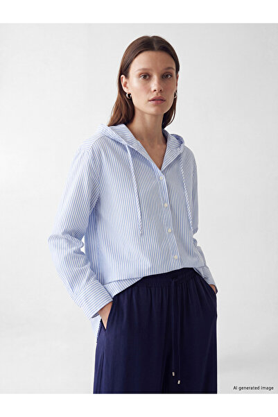LC Waikiki Blue Hooded Striped Women's Shirt Tunic