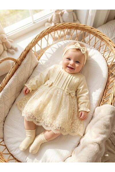 Bebila Baby Baby Girl Mevlütlük Dress with Bandana and Lace, Newborn Hospital...