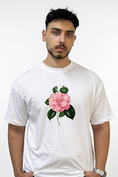 Anetos Pink Camellia Design Printed Oversize White T-Shirt